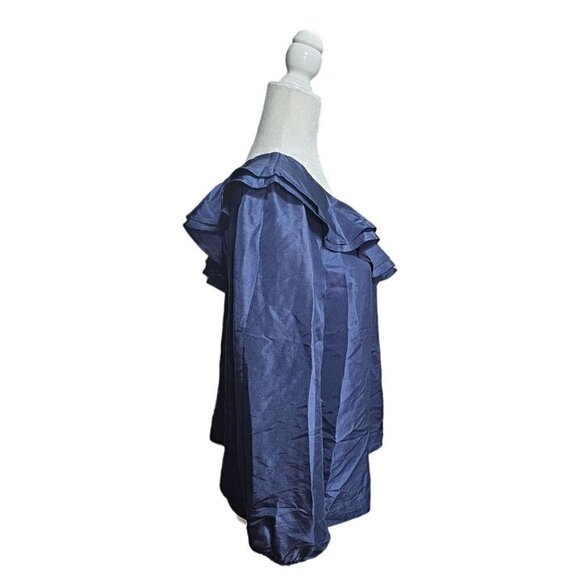NWT J.Crew navy blue one shoulder silk top with ruffles balloon sleeve size 12P - Picture 4 of 8
